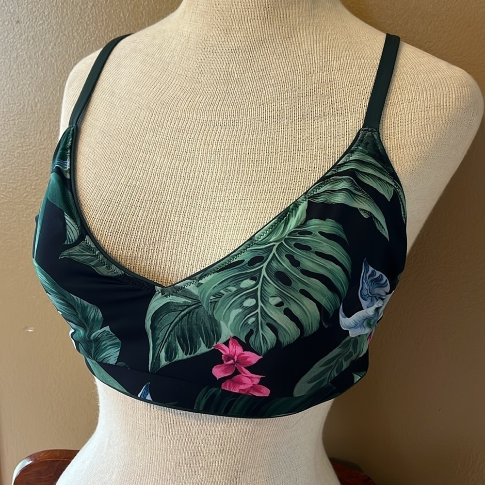 Kona Sol bikini top, criss cross tie back, floral pattern, black green pink blue - Picture 3 of 8
